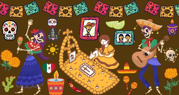 A girl honoring a passed loved one with two skeleton dancing besides her. Pictures of loved ones, sugar skulls, candles, marigolds, the Mexican flag, a sombrero, and a cactus.