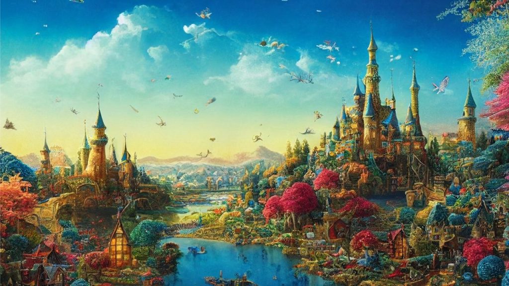 Illustrated imagined fantasy world. There are flying creatures, castles, trees, villages, and a winding river.