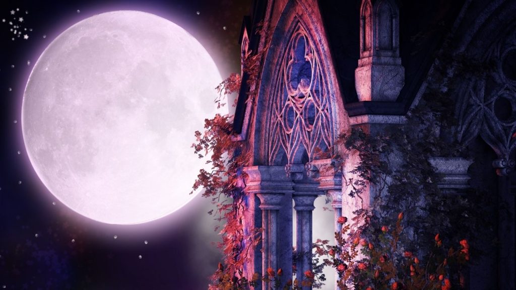 A big and bright full moon in a starry sky. To the right of it is an old Gothic building with vines growing up.