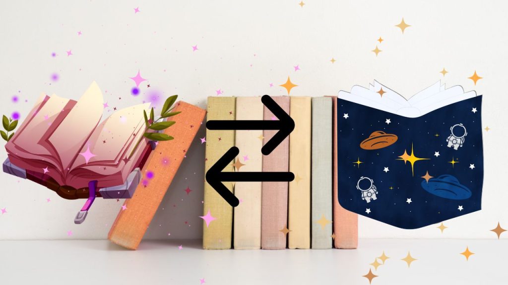 A fantasy book and a sci-fi book cover with two arrows facing the opposite directions between the books with different colored sparkles.