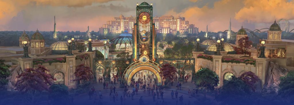 An artist rendering of the front of the Epic Universe park. The Kronos, the portal that is powered with the electricity to portal to other worlds, stands front and center.