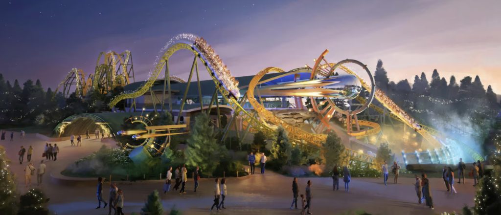 An artist rendering of a rollercoaster twisting around a metal comet design.