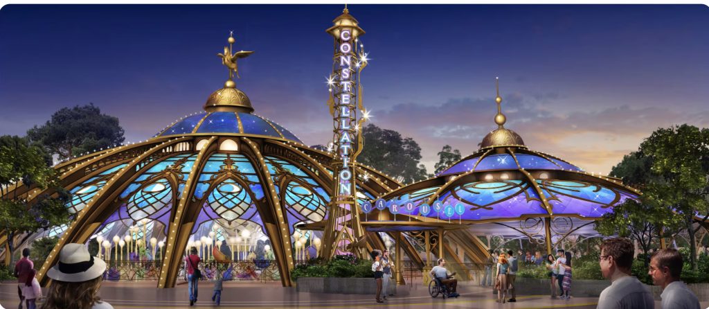 An artist rendering of the front of a dazzling gold carousel covered in panels of blue and purple with the phases of the moon.