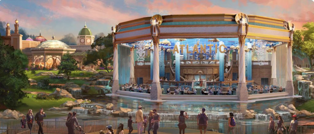 An artist rendering of the outside of a beautiful glass restaurant overlooking a ponds. It has Roman style columns.