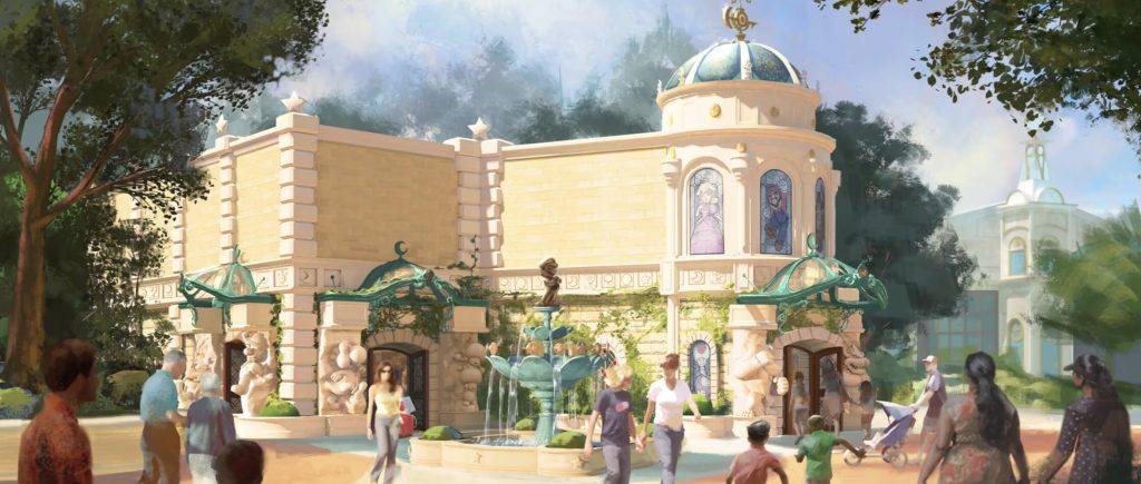 An artist rendering of the outside of a stone building. In front of the building is a green fountain with Mario standing at the top.