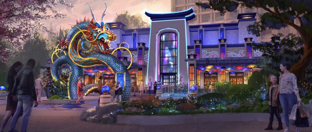 An artist rendering of the front of a restaurant with neon lights and a large Chinese dragon at the entrance.