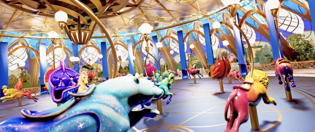 An artist rendering of the ride vehicles to the carousel of celestial lions, peacocks, and other creatures.