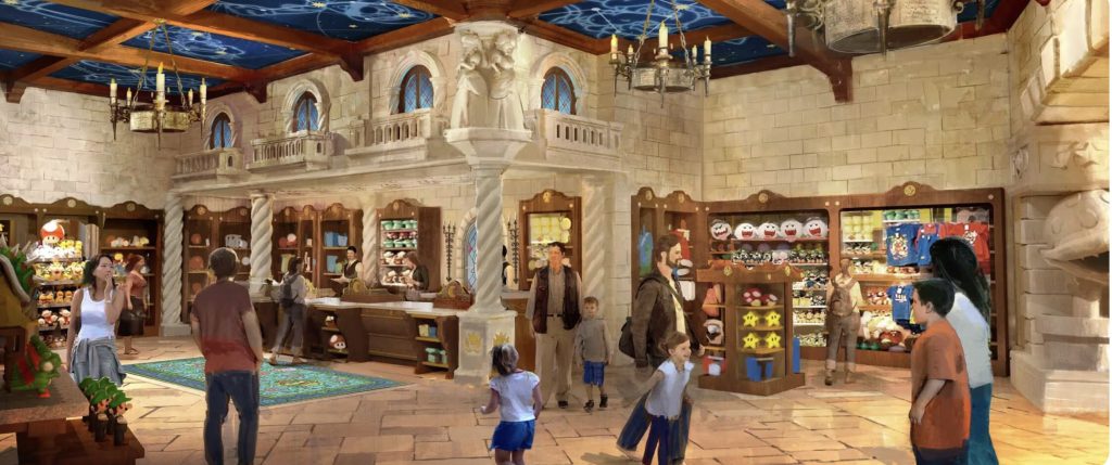 An artist rendering of the inside of a brick and stone shop with wooden shelves holding Mario and other Nintendo merchandise.
