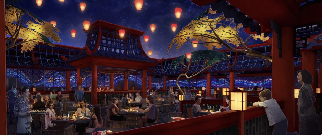 An artist rendering of the outside of a restaurant at night, all light up by lanterns.