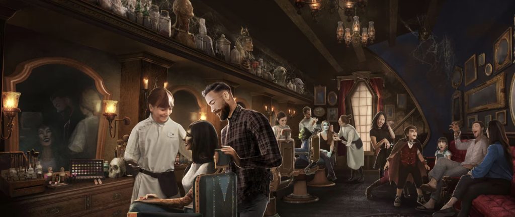 An artist rendering of people sitting in a chair while makeup artists in white aprons do their monster makeup.