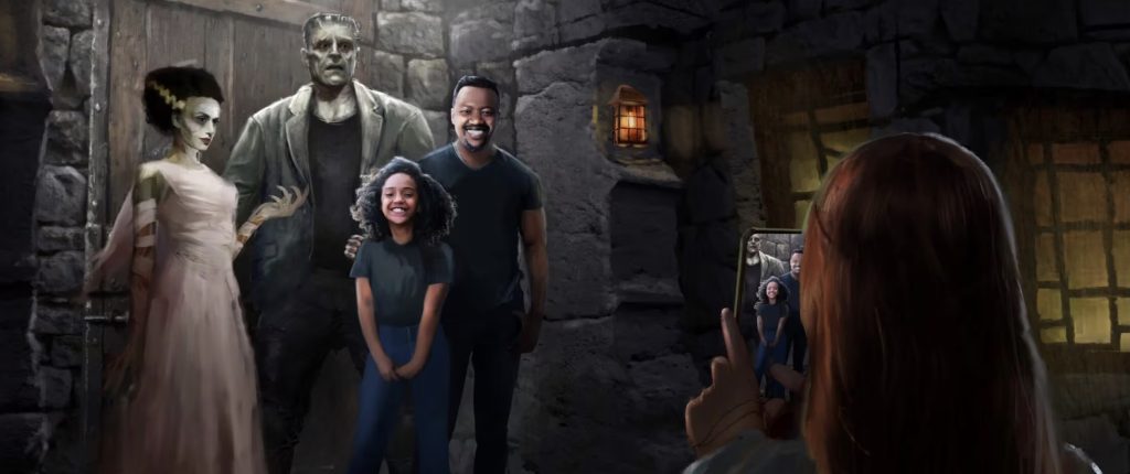 An artist rendering of a family taking pictures with Frankenstein's monster and the Bride of Frankenstein's monster.