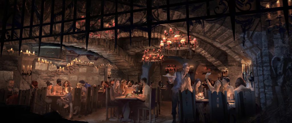 An artist rendering of a dark stone candlelit restaurant. The candles drop red liquid that appears to be blood.