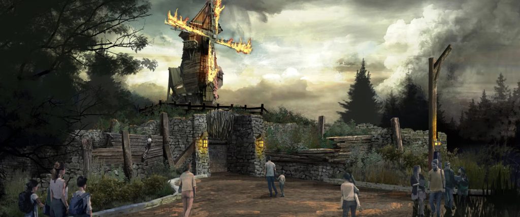 An artist rendering of a windmill on fire on top of a stone entrance.