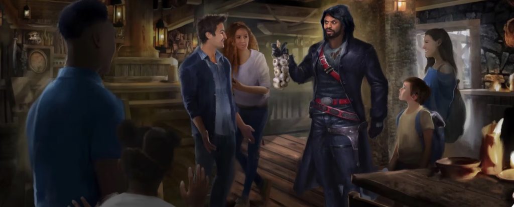 An artist rendering of people inside of a diner. A man dressed in a dark suit with red leather belts holds a rack of garlic and appears to be talking to the people around him.