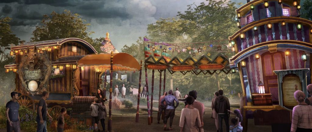 An artist rendering of eery carnival tents and wagons.