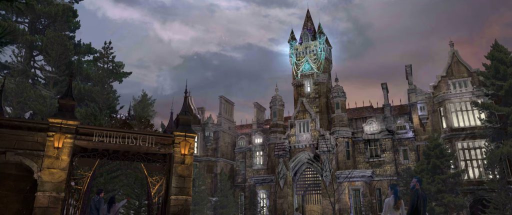 An artist rendering of the outside of a gothic stone castle. Lightning races across the top of the building.