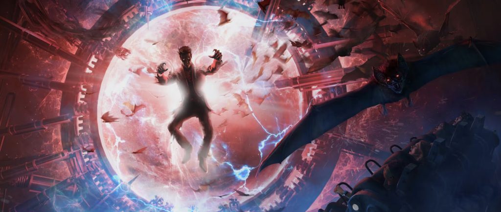 An artist rendering of Dracula floating through electricity. Bats fly towards the viewer.