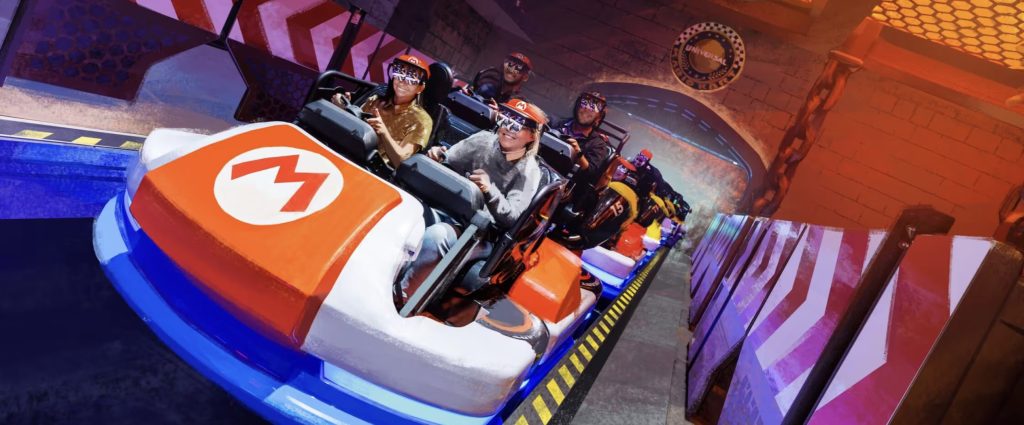 An artist rendering of Mario Kart cars on a track. Riders sit wearing augmented reality headsets.