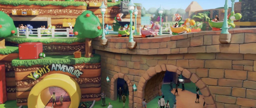An artist rendering of Yoshi cars going along a track above a stone bridge.