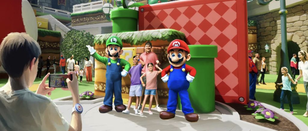An artist rendering of families taking pictures Luigi and Mario.