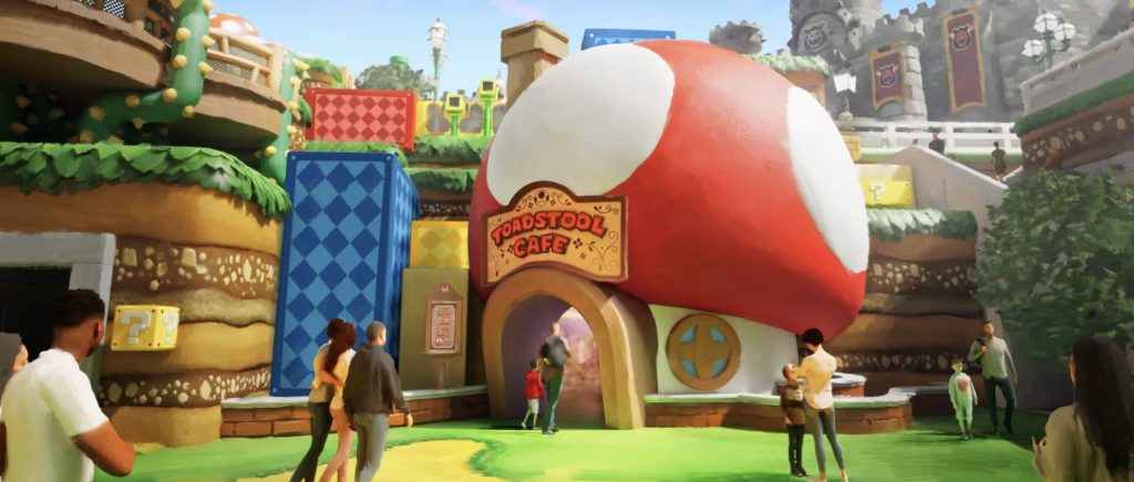 An artist rendering of the outside of a mushroom cafe.