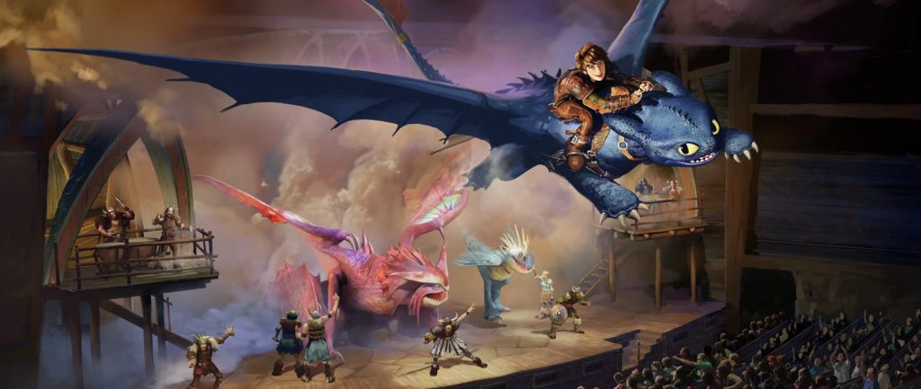 An artist rendering of a full theater with Vikings on the stage and a dragon flying above the audience.