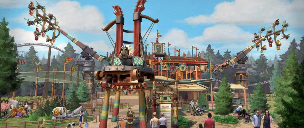 An artist rendering of a the typical carnival "boat ride" rides that swing you back and forth, but this one has dragon wings on the outside of each individual seat.