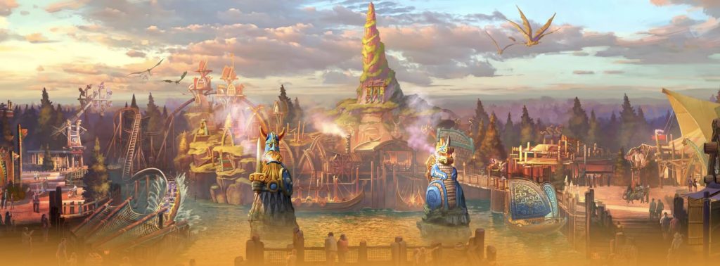 An artist rendering of the outside of the Isle of Berk. Dragons fly in the air.