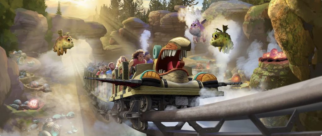 An artist rendering of riders on a roller coaster. The front is a wooden dragon, and flying around them are baby dragons.