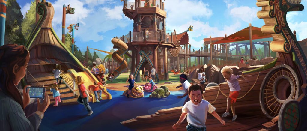 An artist rendering of kids playing on a wooden playground.