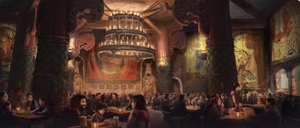 An artist rendering of a dark wooden dining hall with Viking style images on the walls and a large candlelit chandelier in the center.