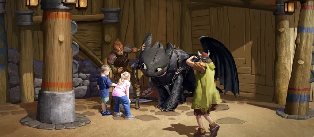 An artist rendering of children meeting Hiccup and his dragon, Toothless.