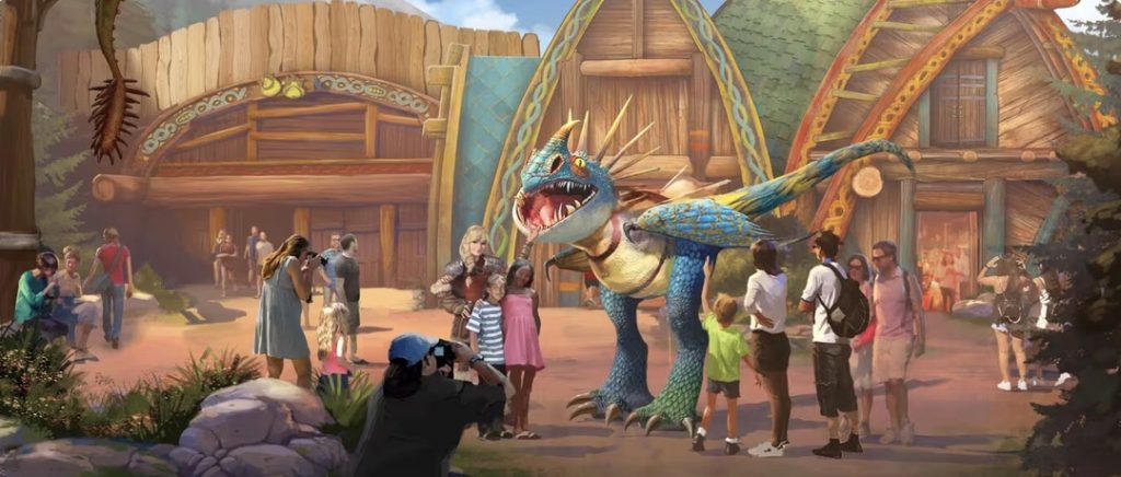 An artist rendering of people meeting Astrid and her blue dragon.