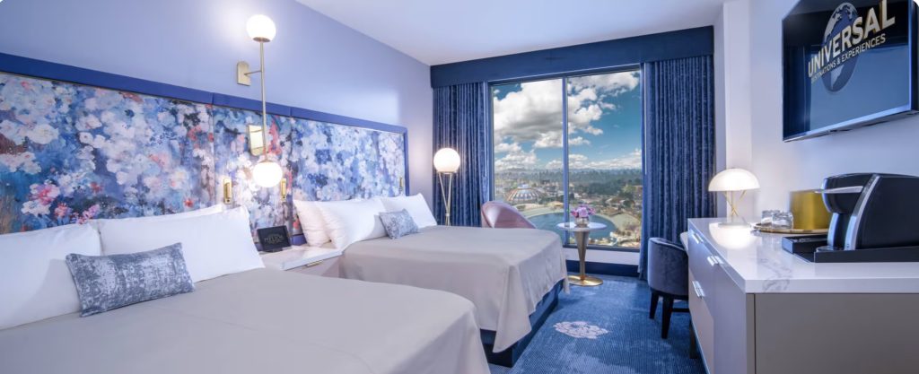An artist rendering of two beds in a hotel room. The windows show off the park.