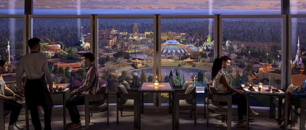 An artist rendering of couples dining in front of large glass windows that show off Celestial Park and the portals to the other lands.