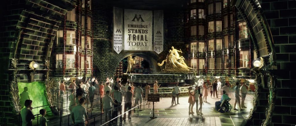 An artist rendering of the inside of a dark and green stone building with green flames and ornate statues.
