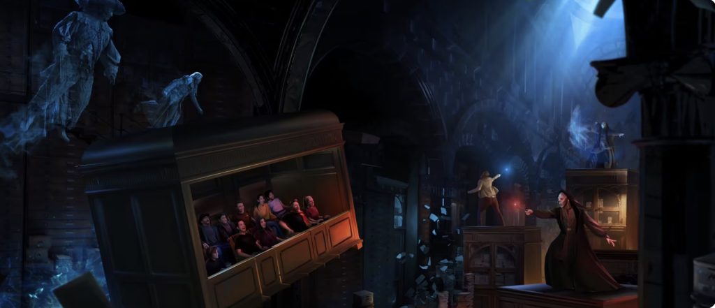 An artist rendering of a riders in an elevator facing offa against a death eater. Above them are ghosts floating.