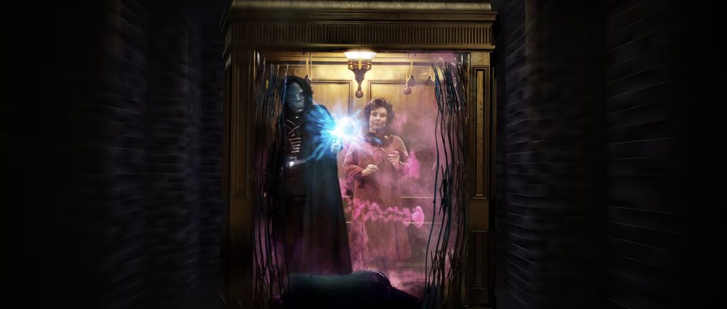An artist rendering of Dolores Umbridge and a Death Eater standing inside of an elevator.