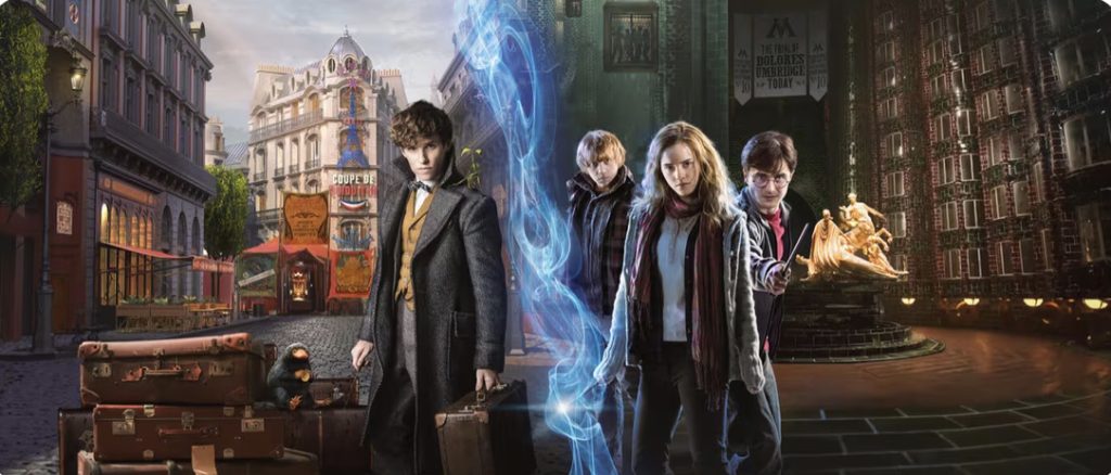 An artist rendering of the streets of Paris on the left with Newt Scamander and some creatures, and the Ministry of Magic on the right with Harry, Ron, and Hermione.