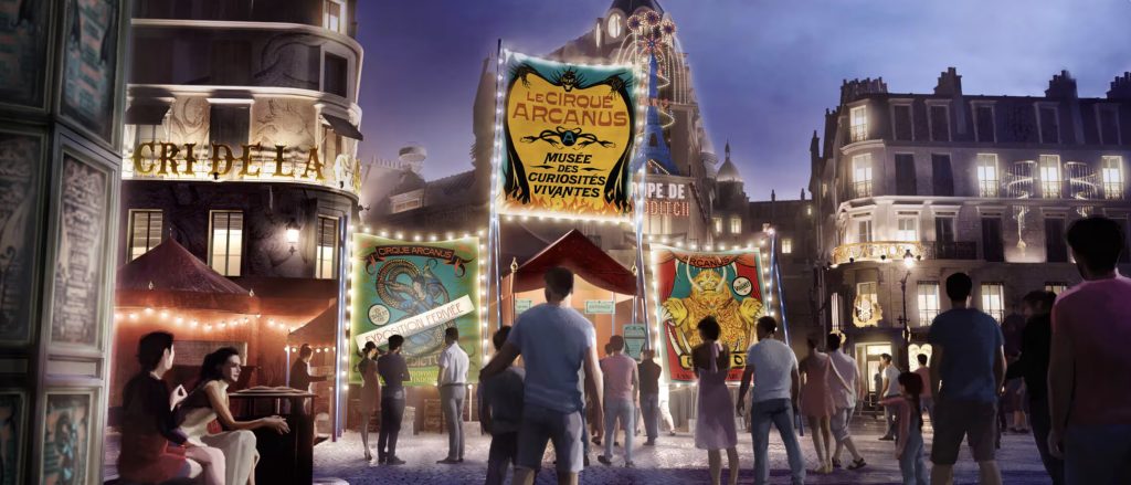 An artist rendering of the outside of an extravagant circus tent.