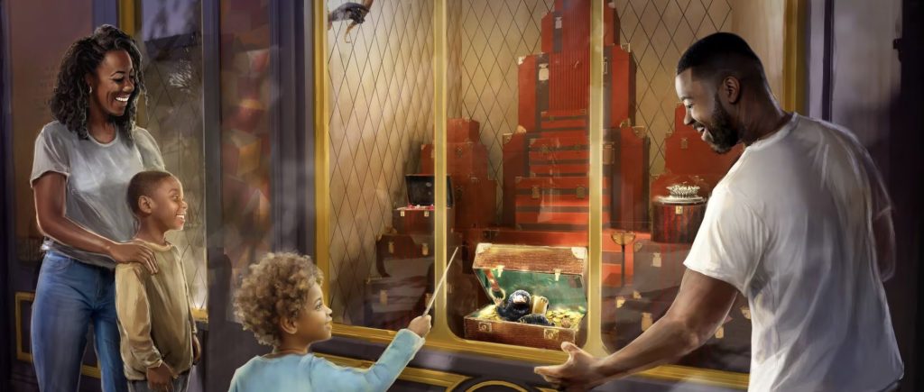 An artist rendering of a young child using their wand to open a suitcase that has a creature in it. The child's family stand around them smiling.