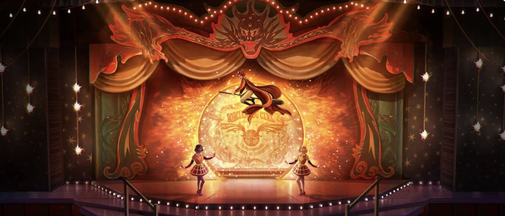 An artist rendering of a circus performance with two ladies dancing and another riding a broom in the air above them.