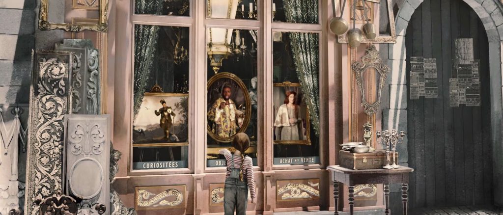 An artist rendering of a child standing outside of a building, pointing their wand through the window at a portrait of a wizard.