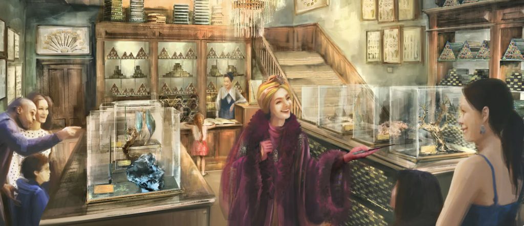 An artist rendering of a woman in a purple robe holding a wand as she sells to visitors. Around her are glass cases filled with wands.