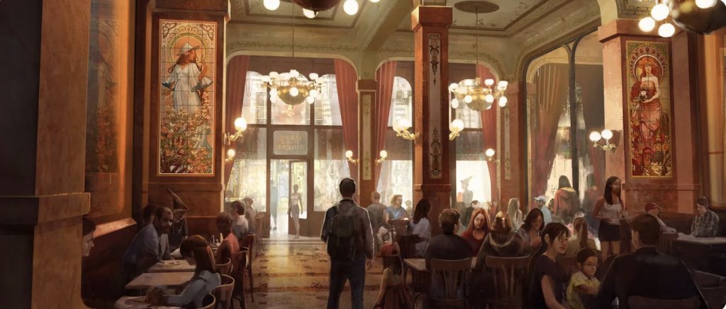 An artist rendering of an orange Parisian cafe with chandelier lights.
