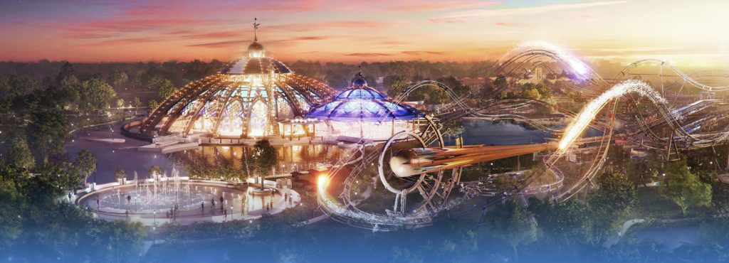 Artist rendering of the rides Stardust Racers and Constellation Carousel, as well as other parts of the park.