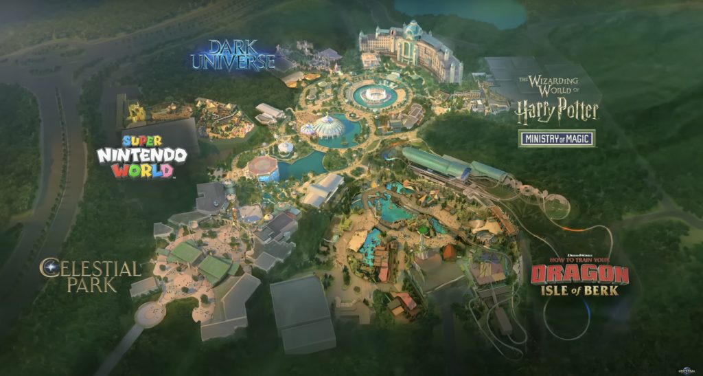 An artist rendering of a bird's eye map of Epic Universe showing each of the five lands.