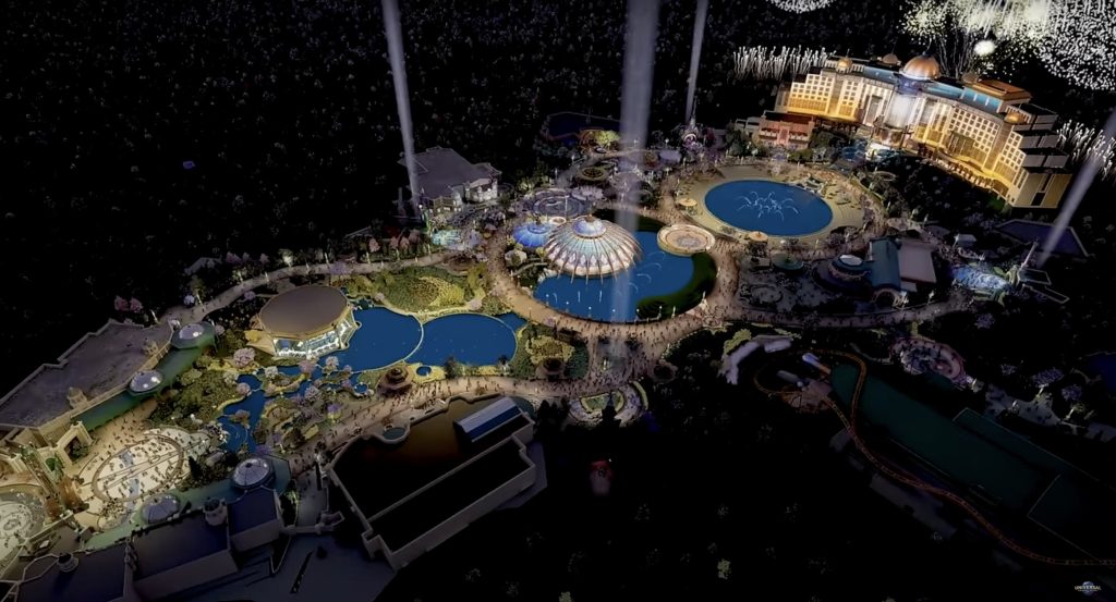 An artist rendering bird's eye view of Celestial Park all lit up at night.