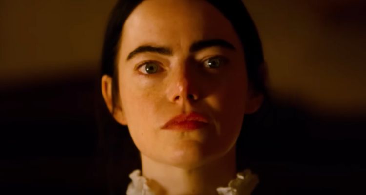 Movie still taken from Poor Things trailer, framing Emma Stone as Bella Baxter.
