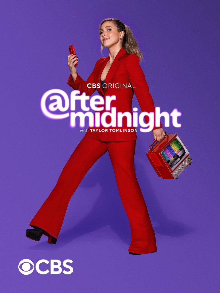 Promo poster for After Midnight, a CBS original. It shows the host, Taylor Tomlinson, in a red pants suit.